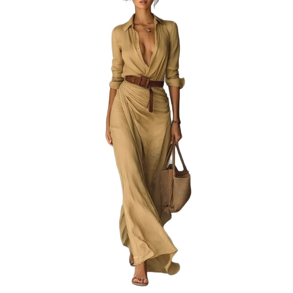 Elegant Solid Color Asymmetric Pleated Dress with Belt