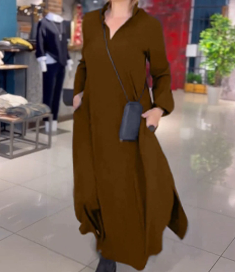Women's Casual Solid V-Neck Long Sleeve Maxi Dress