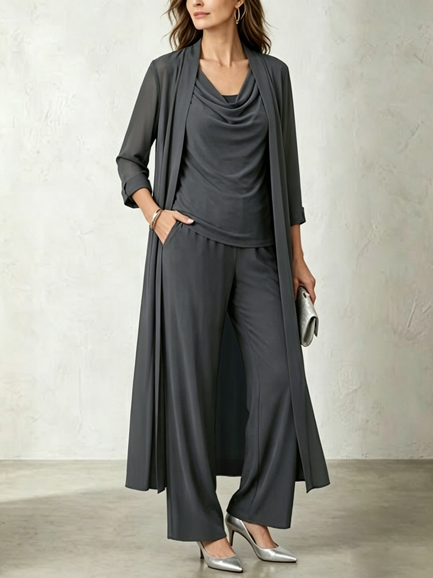 Minimalist Long Sleeve Draped Neck Cardigan and Pants Three-Piece Set