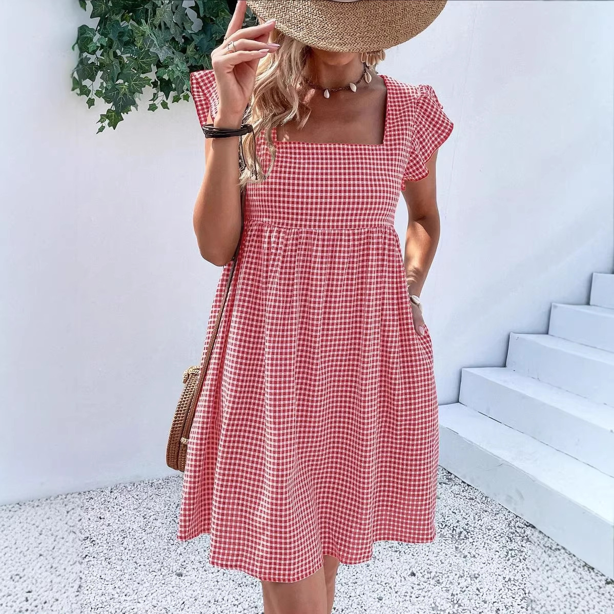 Ruffle Sleeve Square Neck Plaid High Waist Dress