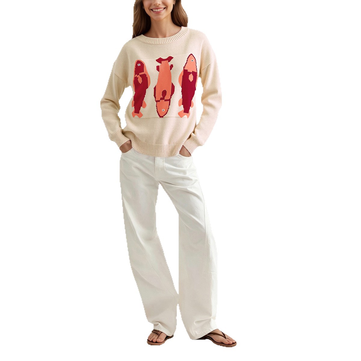 Women's Round Neck Loose Knit Pullover Sweater with Color Block Pattern