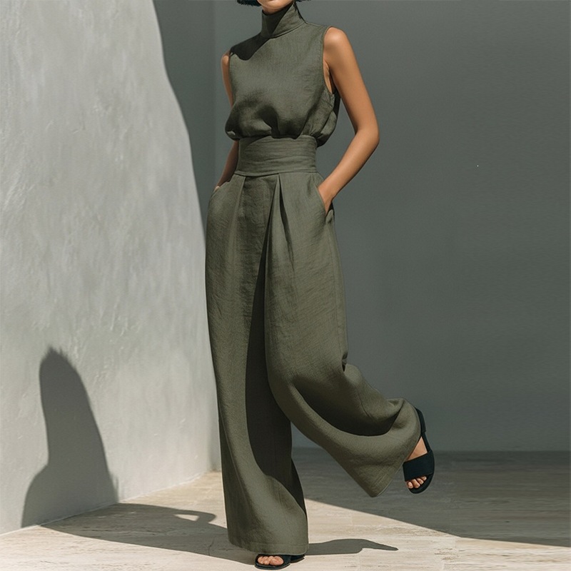 Women's Sleeveless High Neck Top and Straight Leg Pants Casual Set