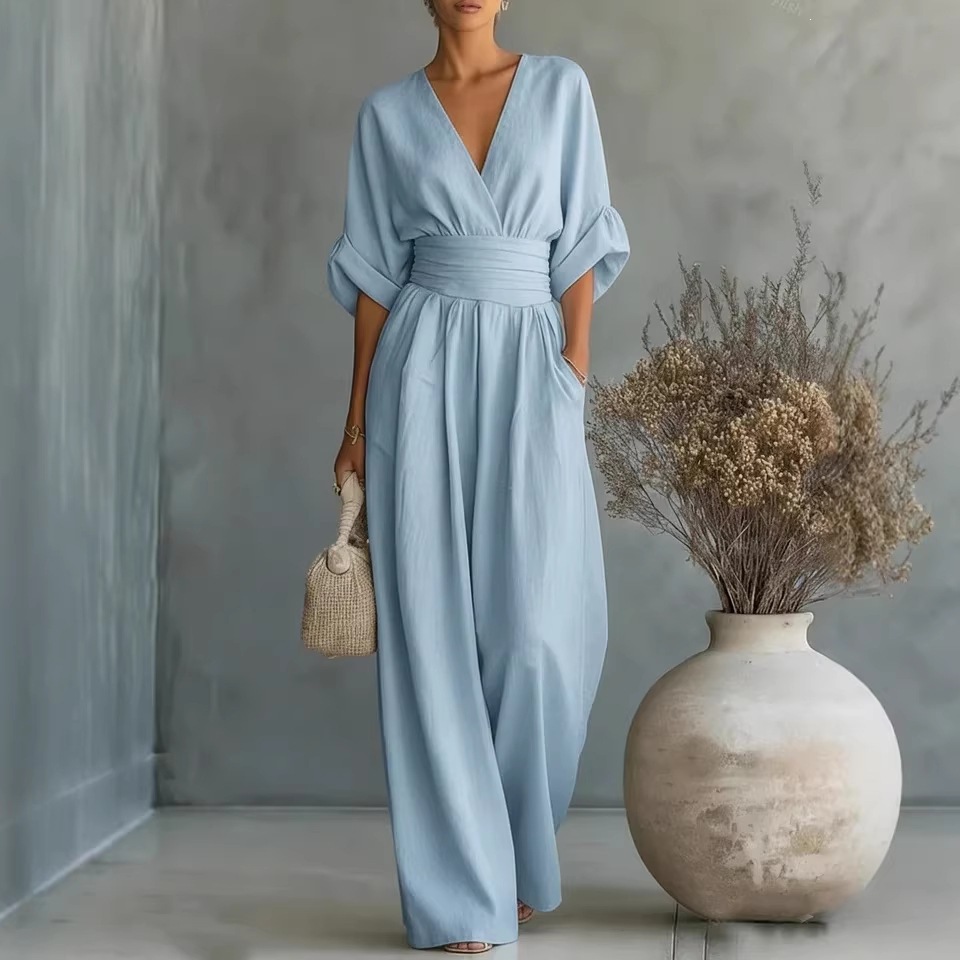 Elegant V-Neck Cinched Waist Wide-Leg Jumpsuit