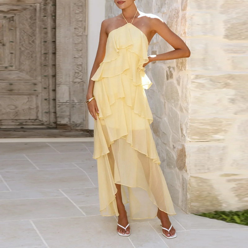 Women's Summer Halter Neck Solid Color Tiered Ruffle Dress
