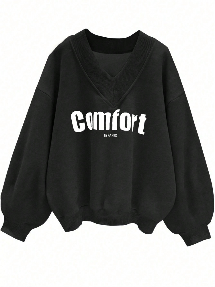 Gray V-Neck Pullover Sweatshirt Women's Loose Casual