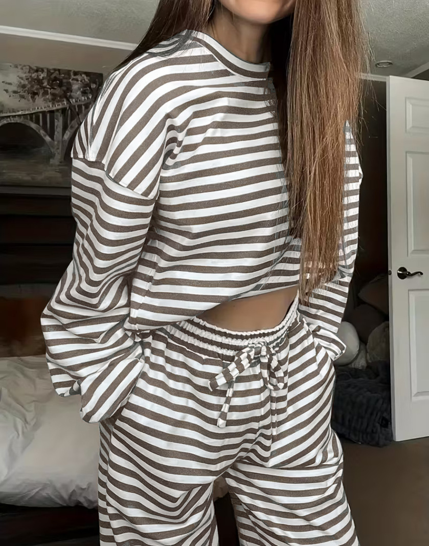 Striped Long-Sleeve Top and High-Waist Pants Casual Set
