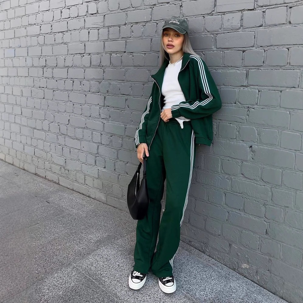 Women's Hooded Jacket & Wide-Leg Striped Pants Two-Piece Set