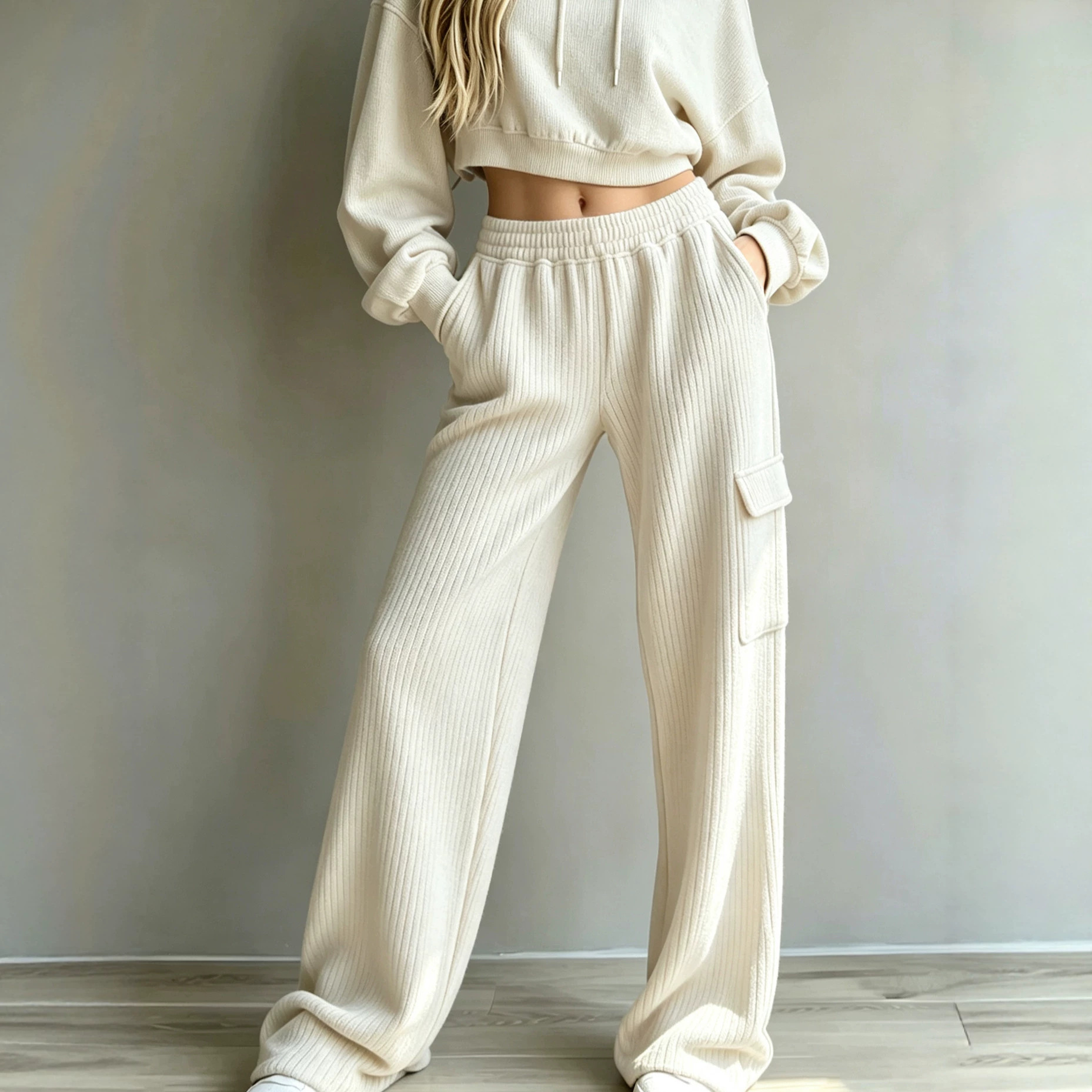 Vertical Ribbed Cargo Wide-Leg Sweatpants High-Waist Drawstring Side Pockets