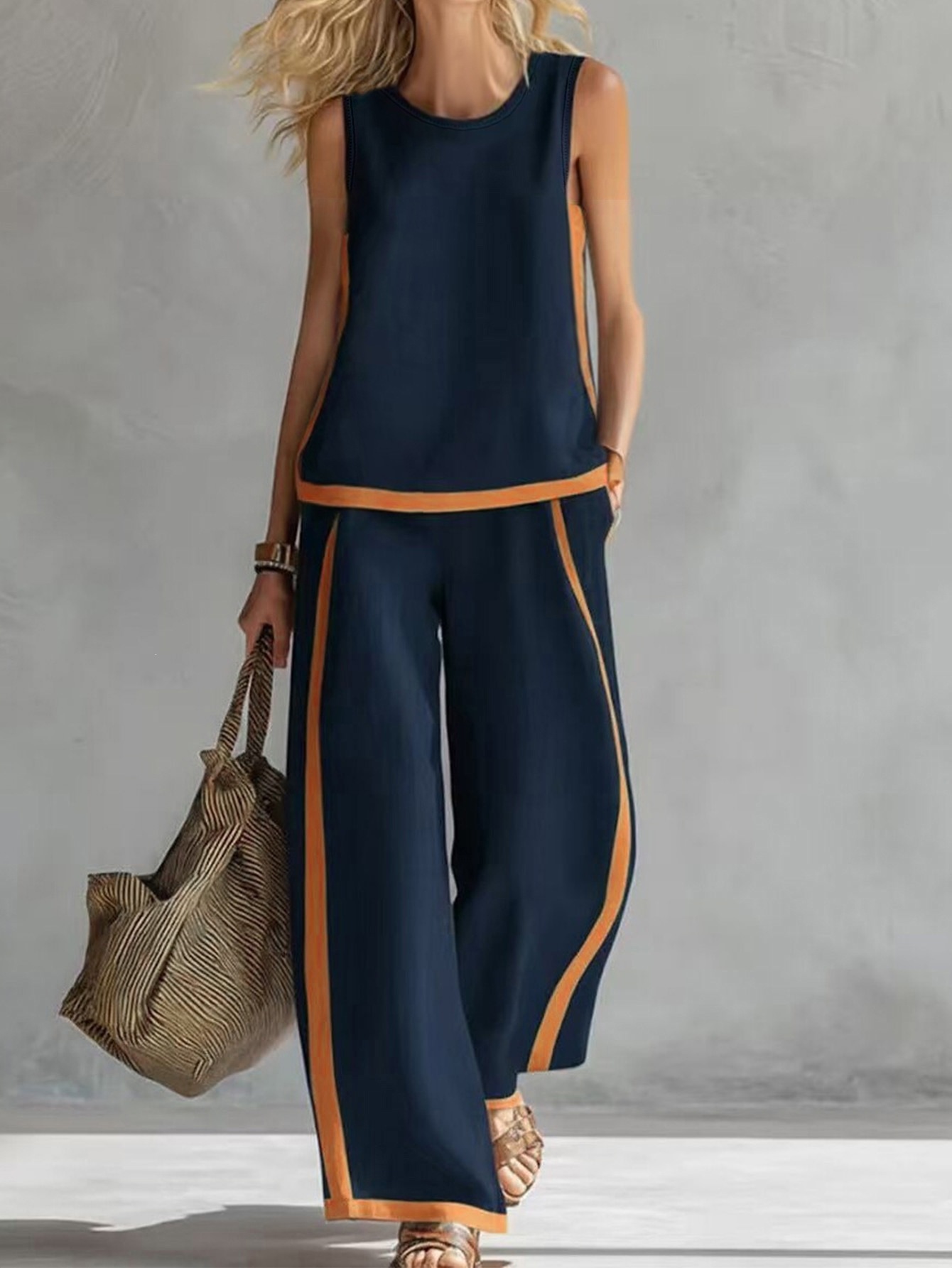 Sleeveless Colorblock Wide-Leg Pants Set Women's Summer Casual Two-Piece