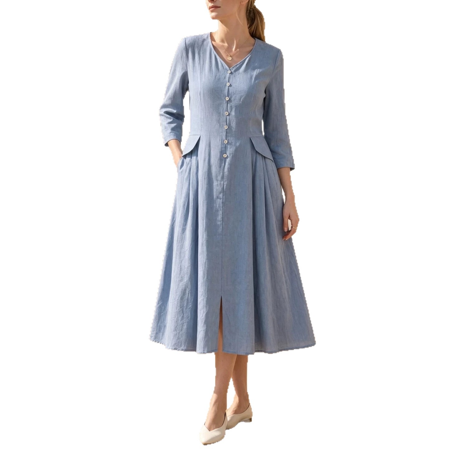 Solid Color High-Waist Loose A-Line Midi Dress with V-Neck and 3/4 Sleeves