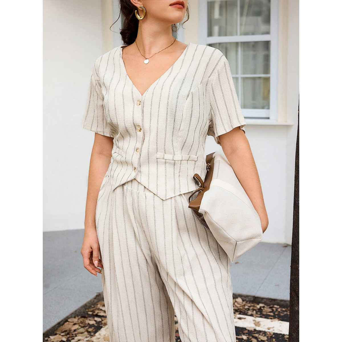 Minimalist Striped Vest & Wide-Leg Pants Set