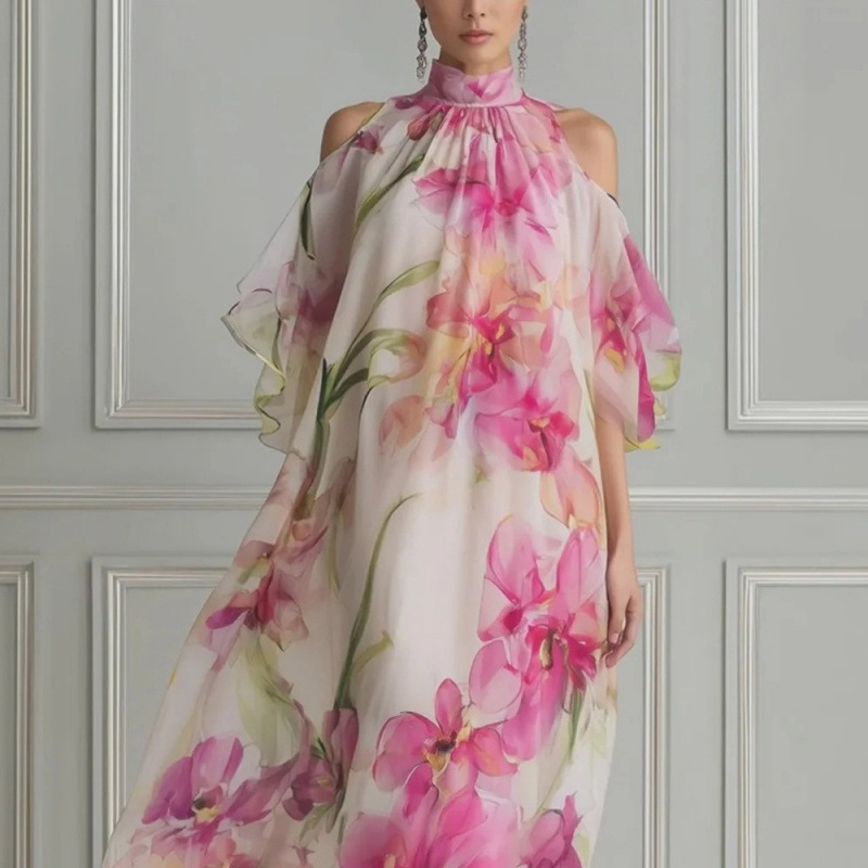 Floral Print Off-Shoulder Halter Maxi Dress