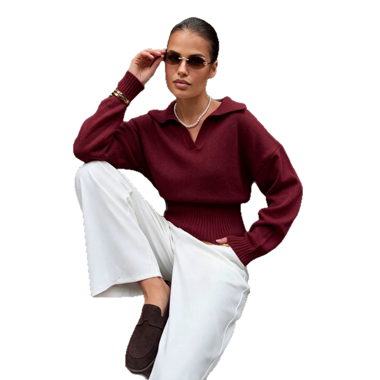 Women's V-Neck Fitted Waist Loose Long Sleeve Pullover Top