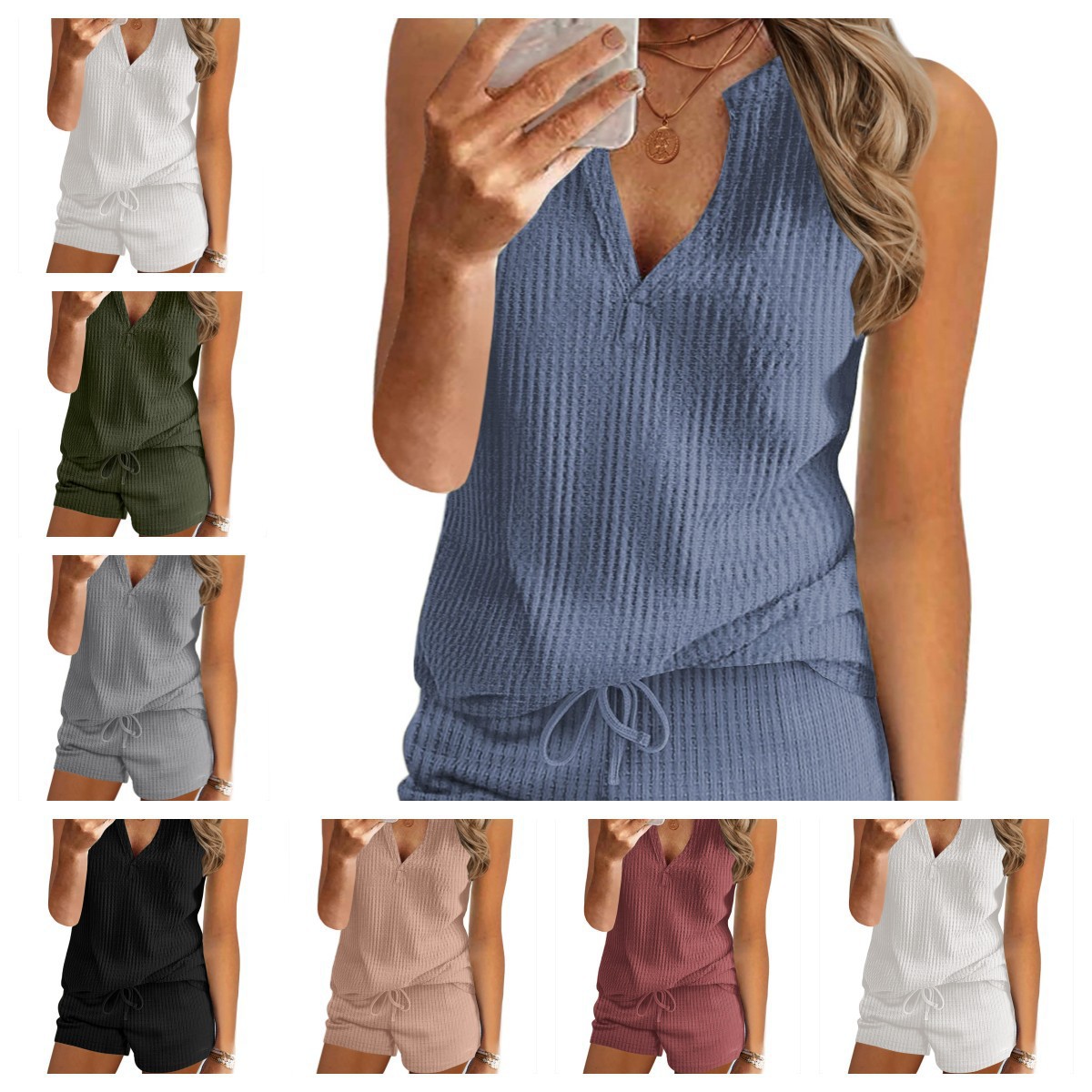 Women's V-Neck Tank Top and Shorts Set Waffle Knit Loose Casual Sportswear