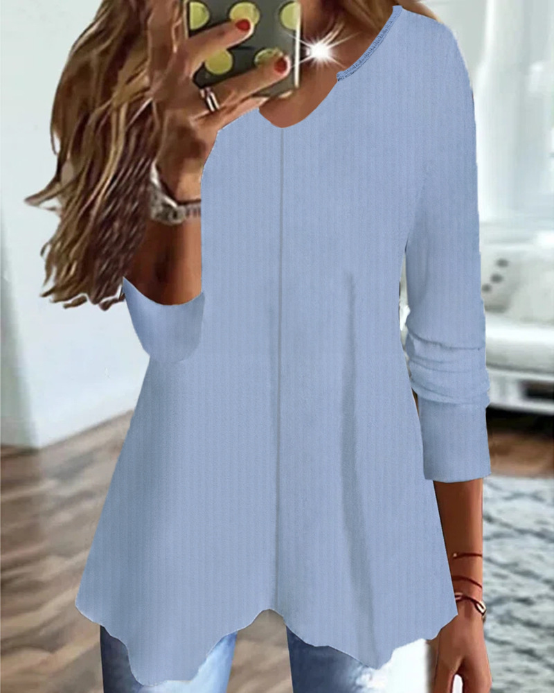 Women's Solid Color V-Neck Knit T-Shirt Long Sleeve Loose Fit