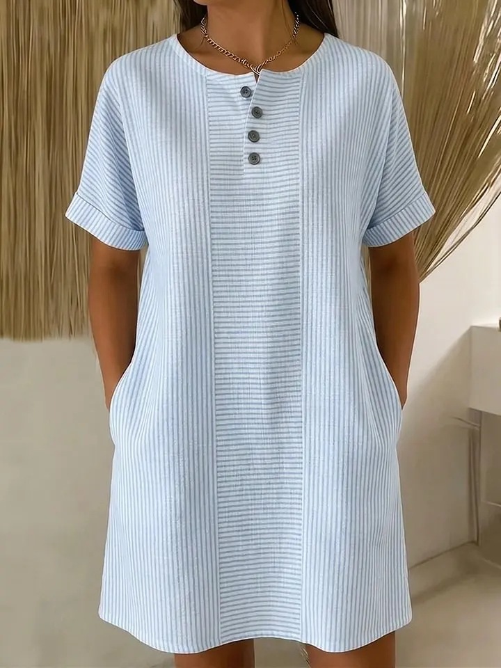 Women's Button Round Neck Loose Pocket Casual Midi Dress