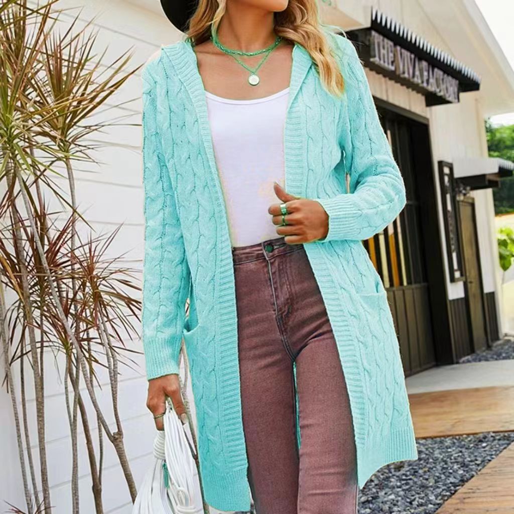 Women's Mid-Length Hooded Cardigan Sweater Cable Knit