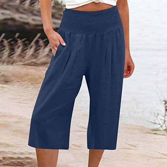 Women's Summer Smocked Wide-Leg Capri Pants Casual Loose Fit