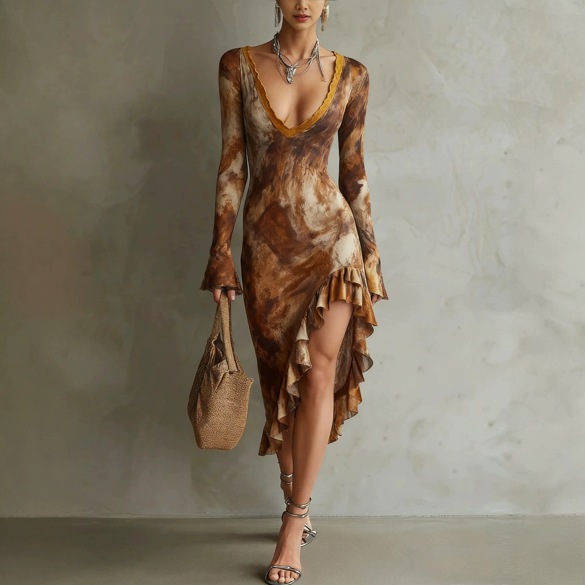 Vintage Tie-Dye Brown Deep V-Neck Long Sleeve Bodycon Midi Dress with Slit and Ruffle