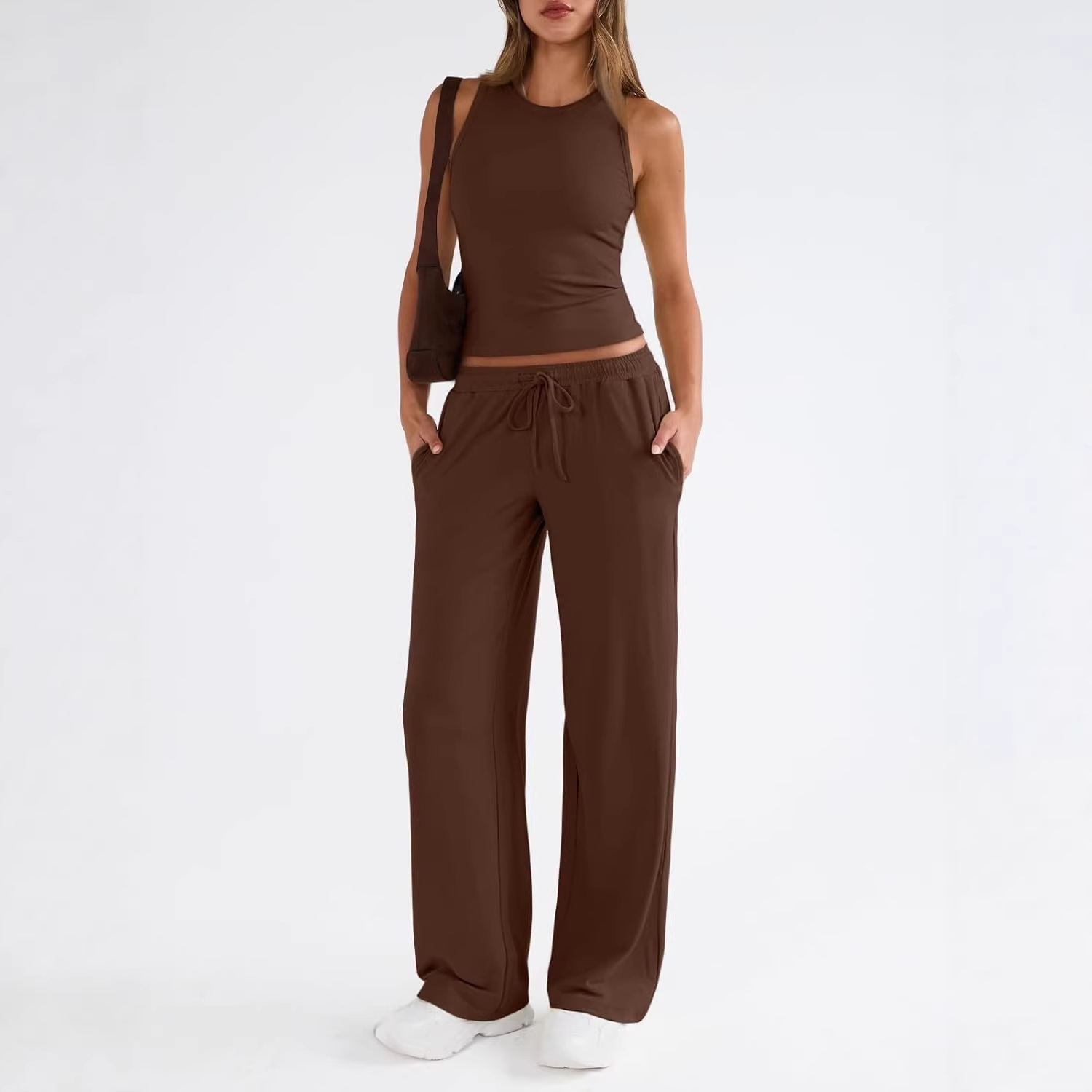 Solid Sleeveless Tank Top and High-Waist Wide-Leg Pants Set