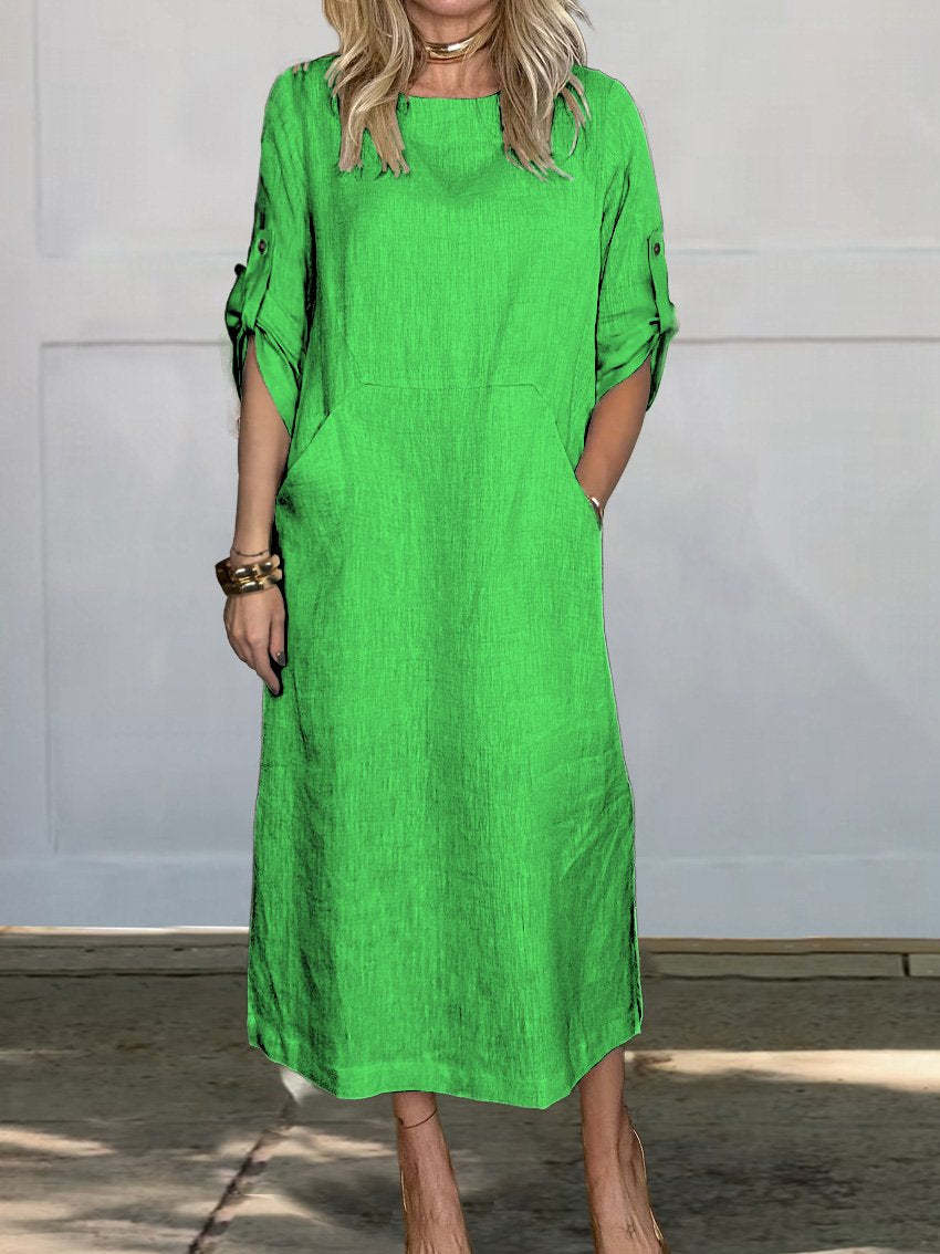 Women's Summer Loose Casual Solid Short Sleeve Cotton Linen Dress