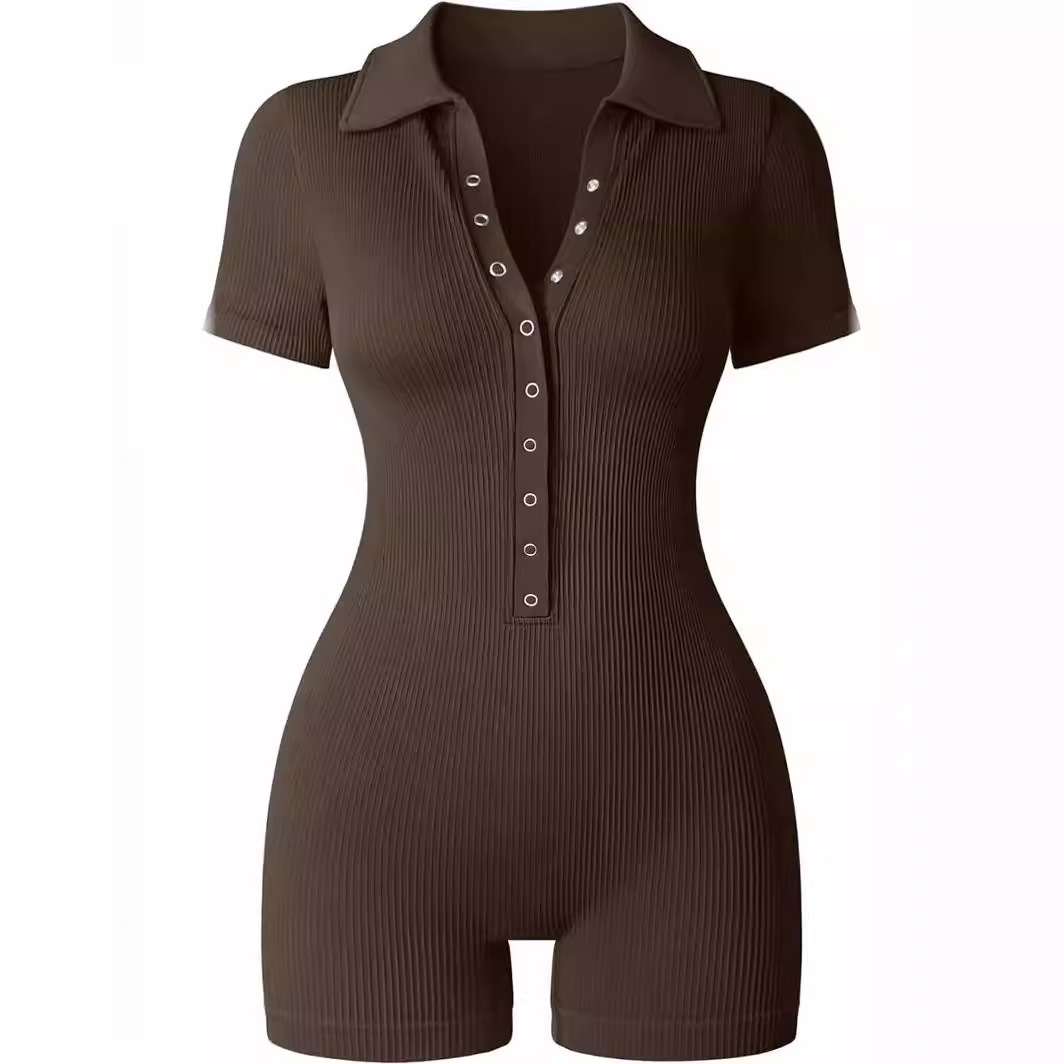 Ribbed V-Neck Women's Yoga Bodysuit with Waist-Cinching Stretch