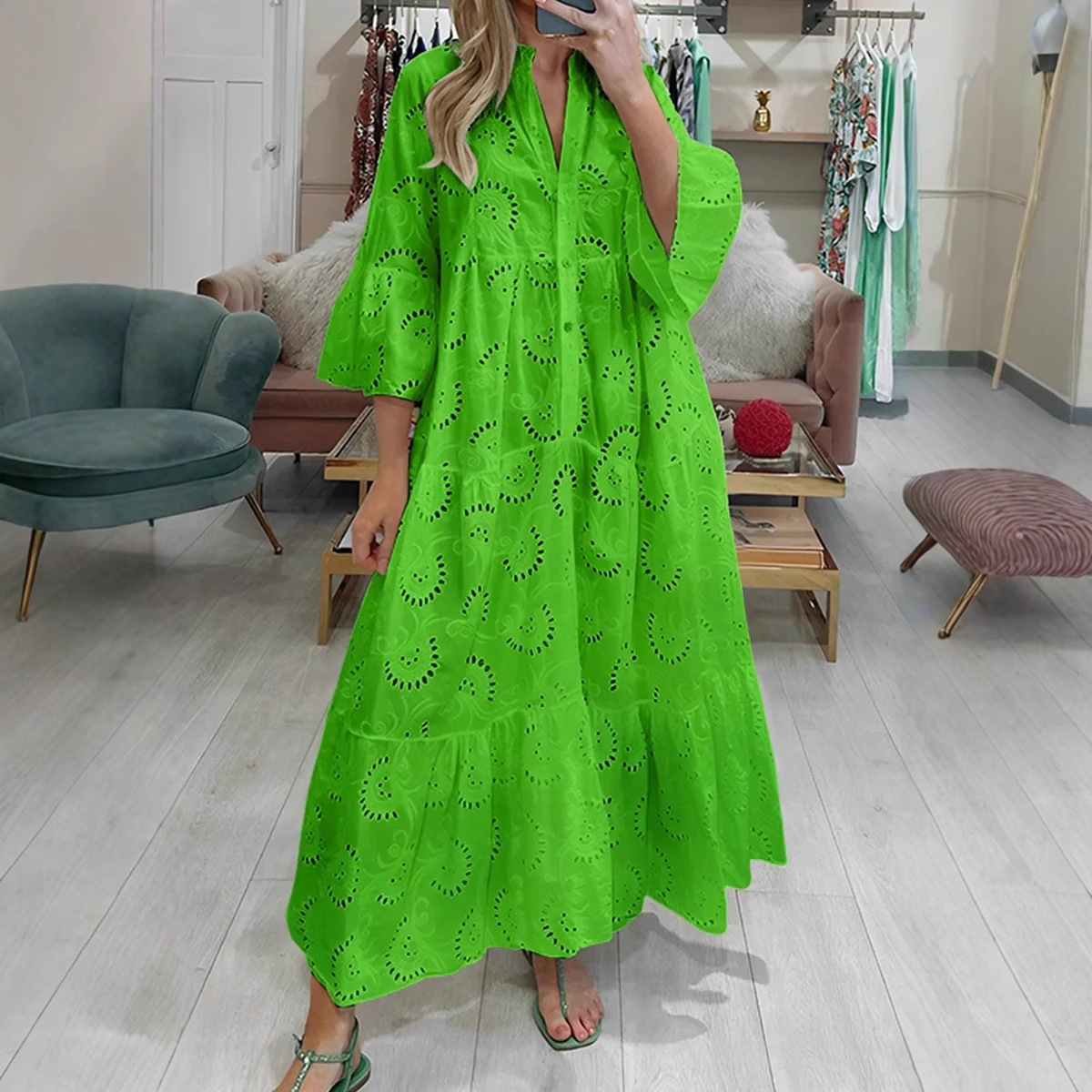 V-Neck Bell Sleeve Lace Hollow Out Solid Long Dress