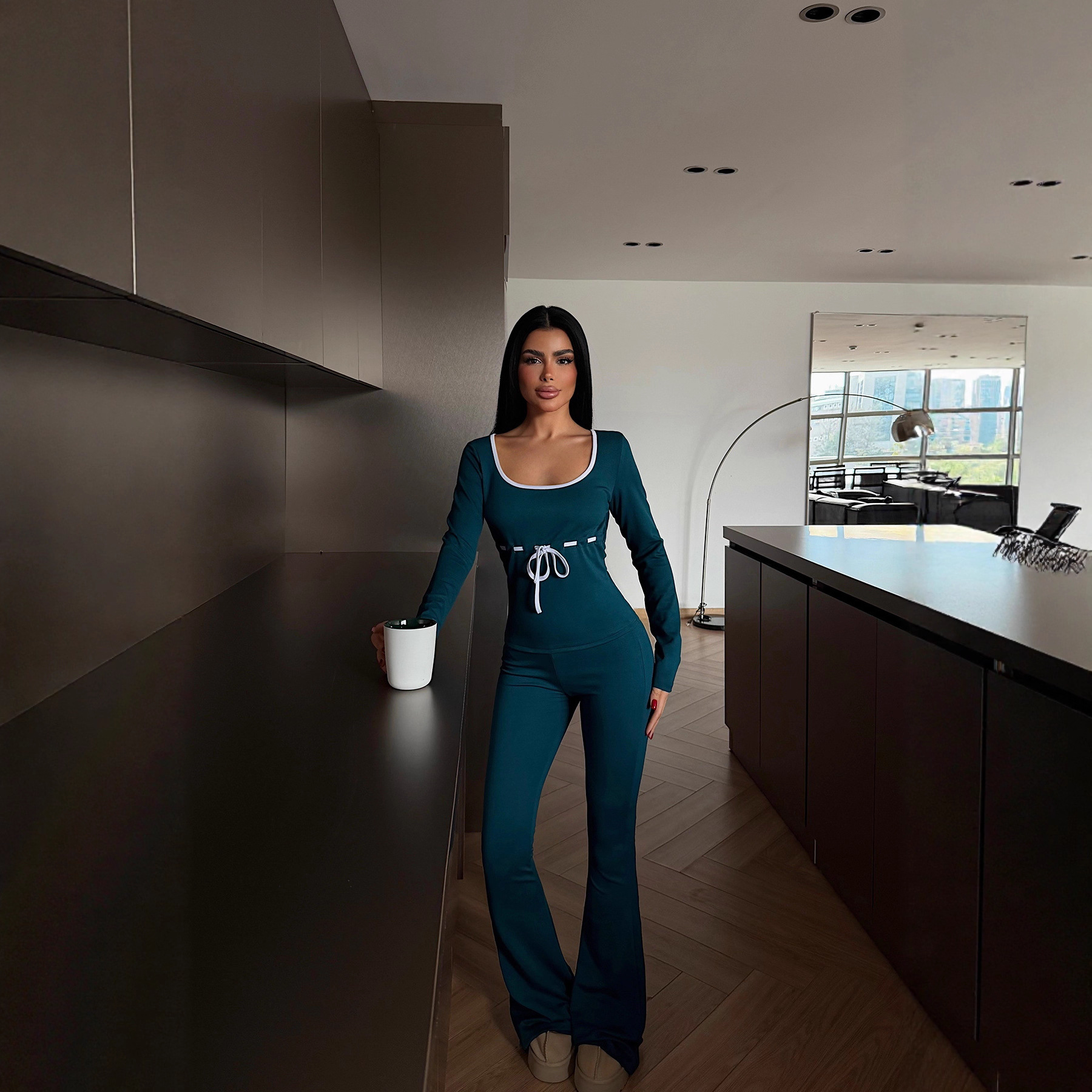 Women's Long Sleeve Drawstring Top and Floor-Length Pants Two-Piece Set