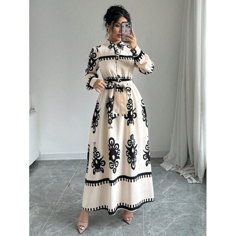 Printed Long-Sleeve Collared Shirt Dress