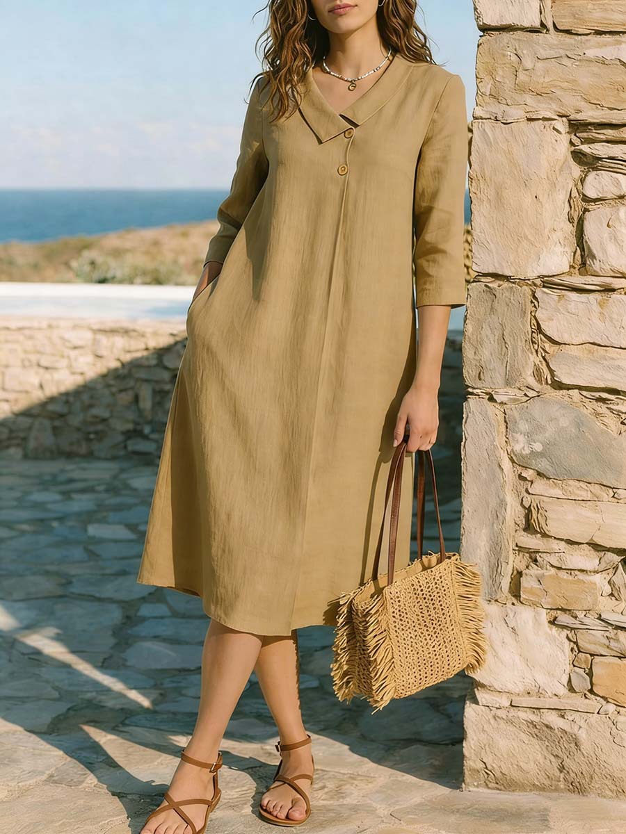 Women's Solid Color French Collar Midi Dress