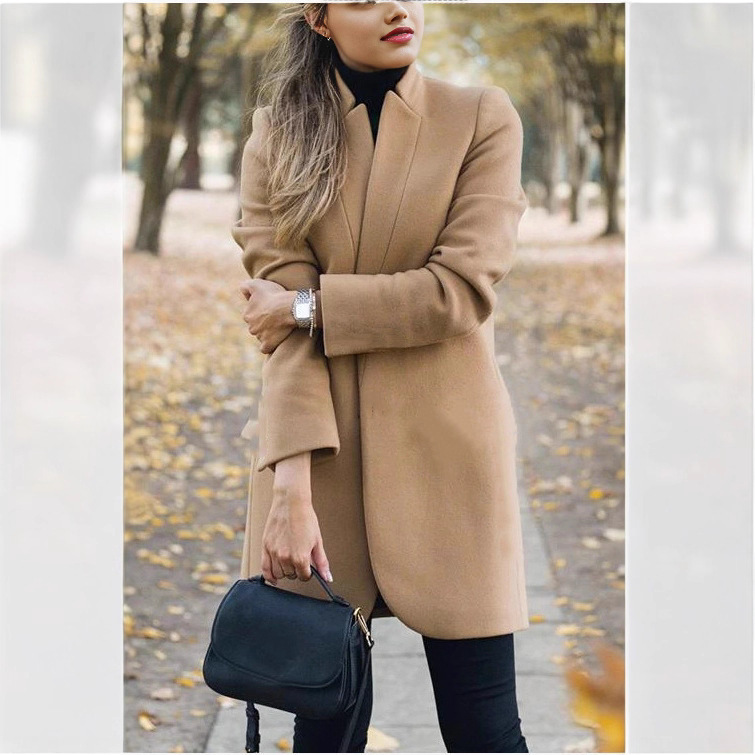 Women's Solid Color Stand Collar Woolen Coat