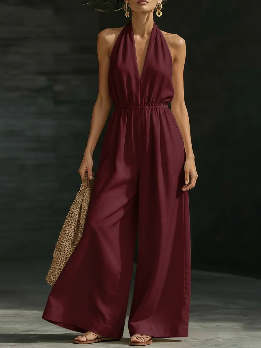 Women's V-Neck Halter Wide-Leg Jumpsuit Solid Color Sleeveless