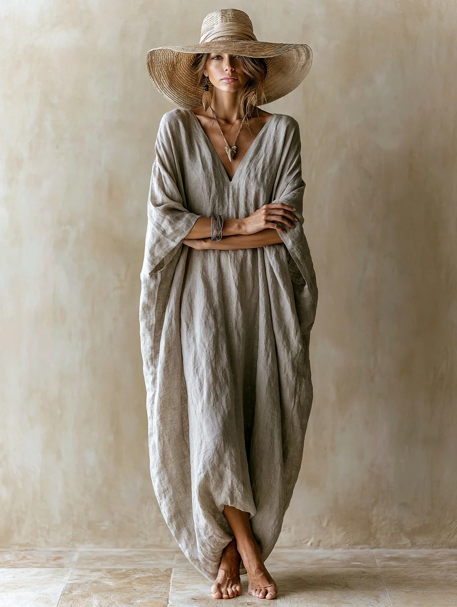Lazy Linen V-Neck Batwing Sleeve Maxi Dress Loose Flowy Vacation