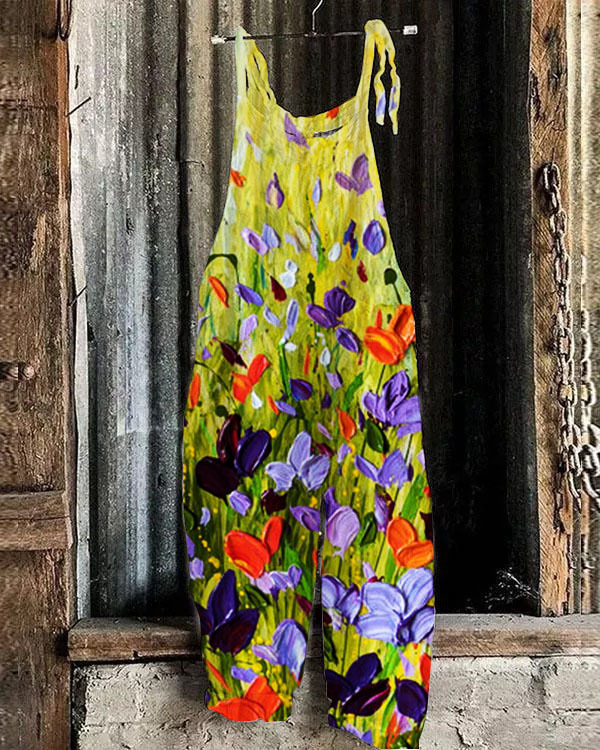 Women's Printed Cotton-Linen Cami Jumpsuit Sleeveless Wide-Leg Beach Romper