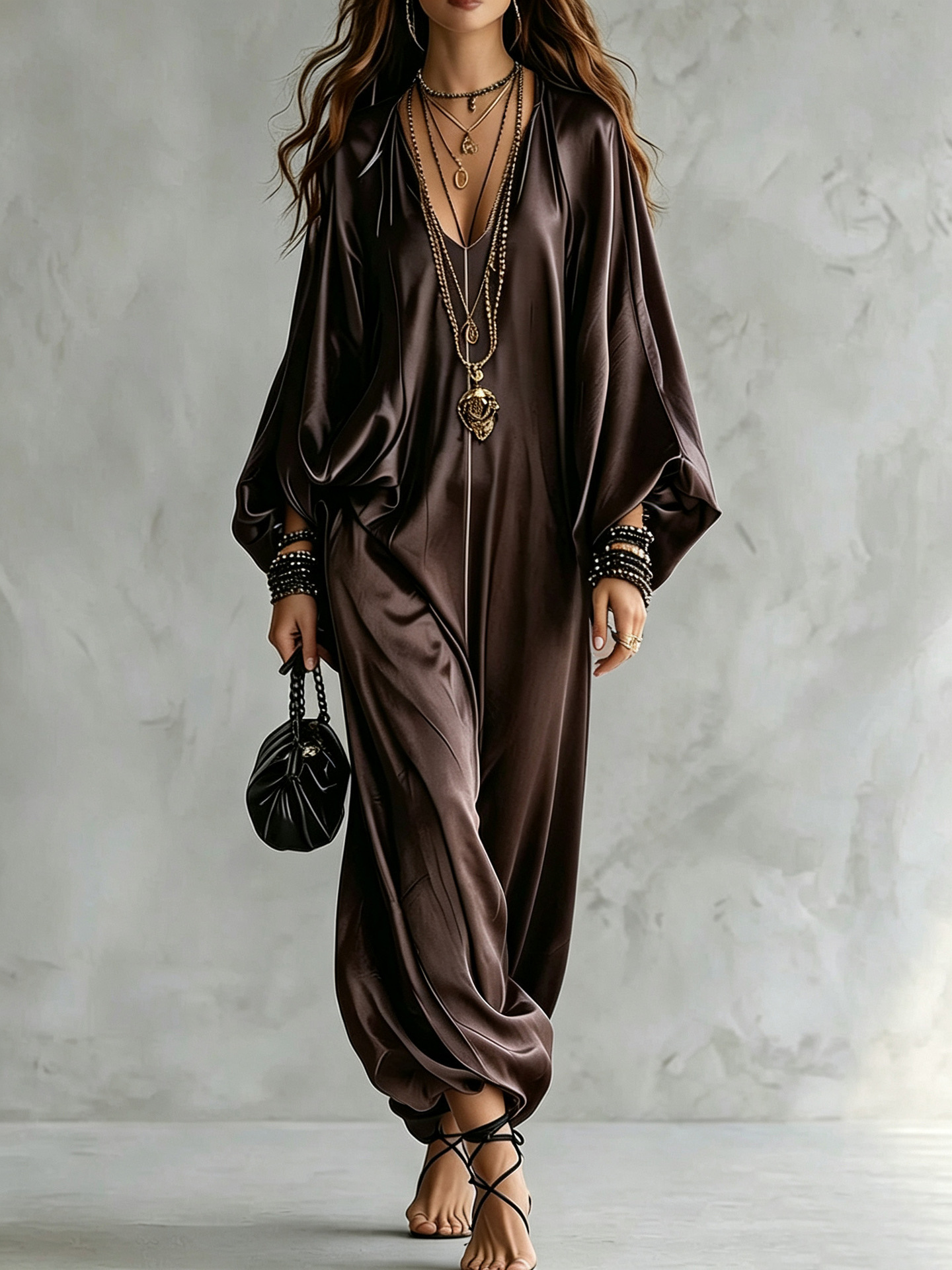 Women's Satin Jumpsuit Loose Wide-Leg Long Sleeve V-Neck