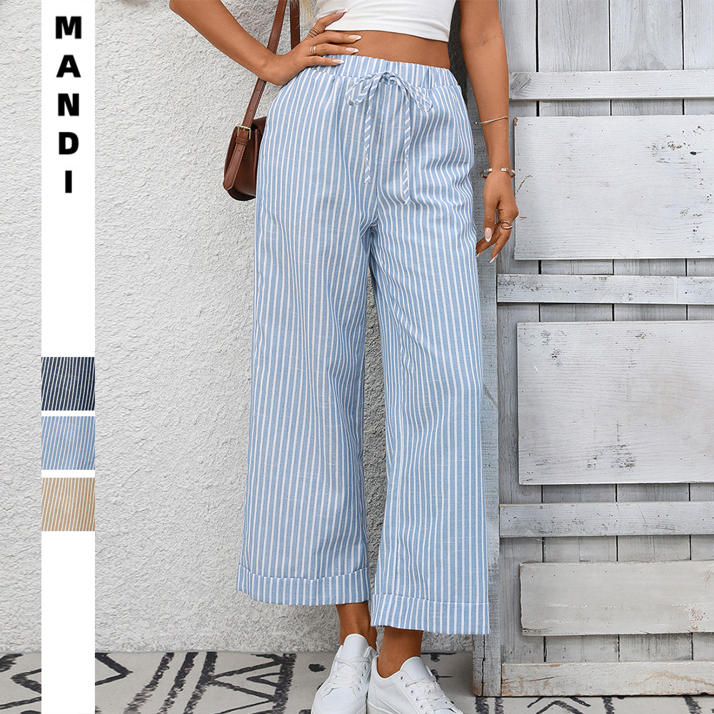 Striped High-Waist Cropped Casual Pants