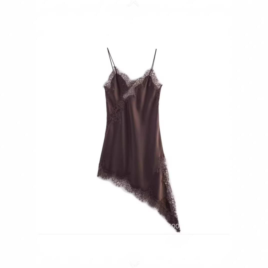 Women's Lace Asymmetric Dress with Deep V-Neck Sleeveless Slim Fit