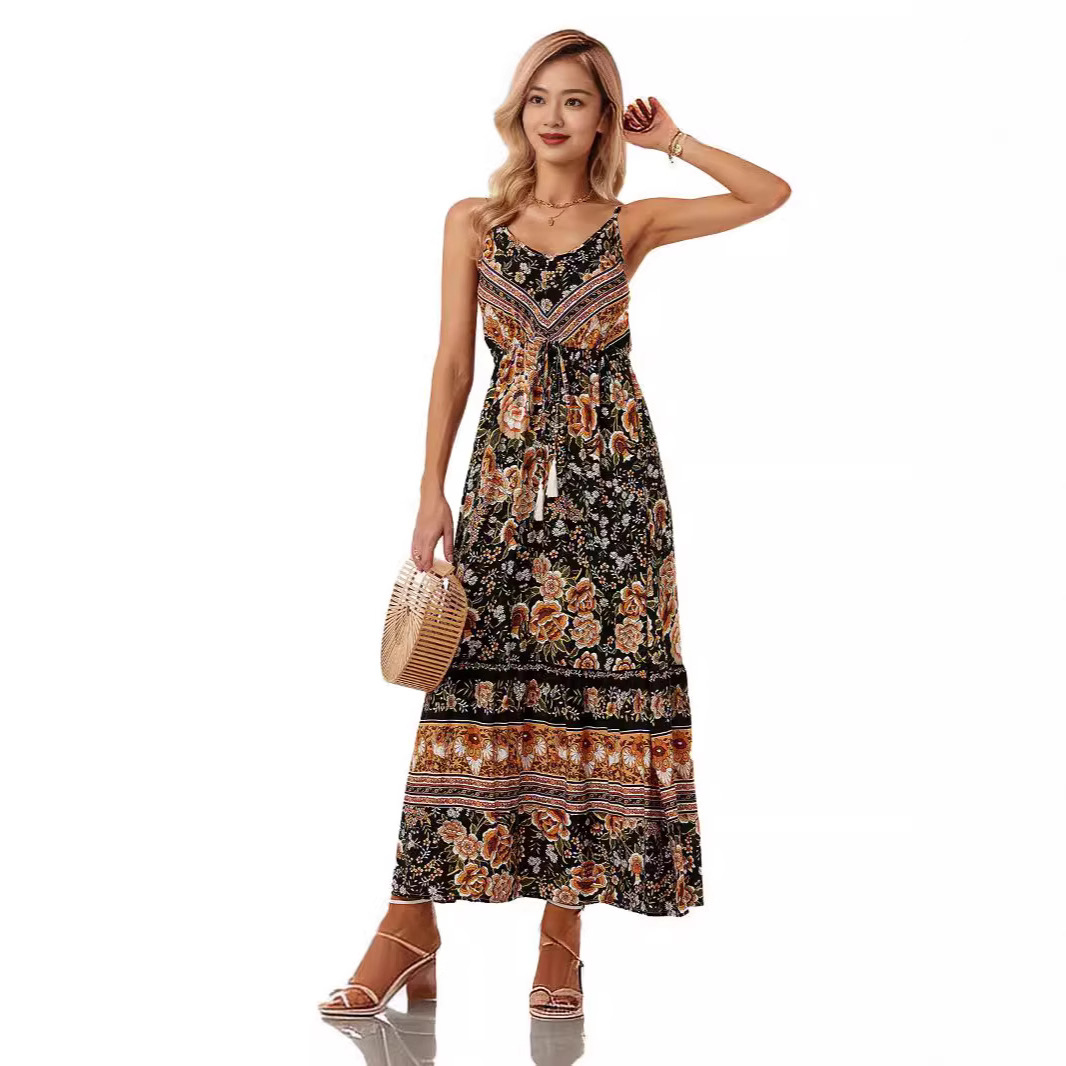 Bohemian Printed Sleeveless V-Neck A-Line Maxi Dress with Tassels