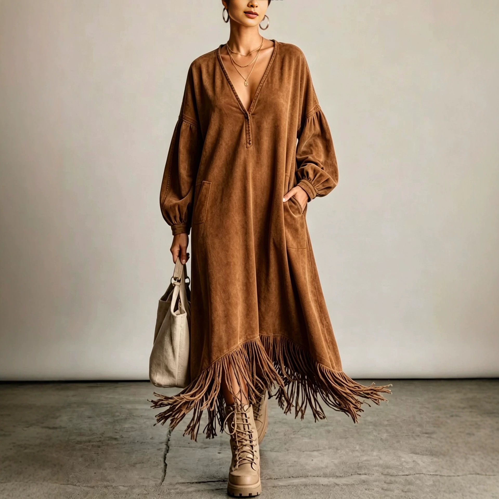 Suede Fringe V-Neck Midi Dress