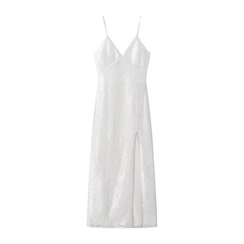 Women's Sleeveless Sequin Cami Dress V-Neck A-Line Midi