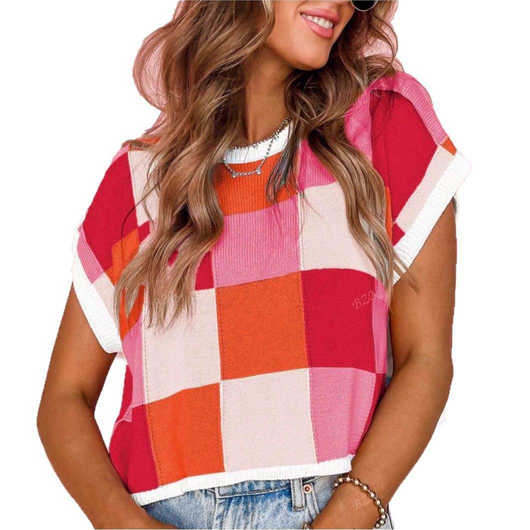 Color Block Checkered Cropped Knit Top