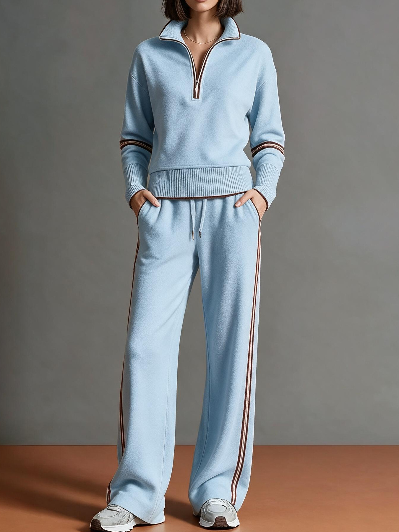 Colorblock Stand Collar Hoodie & Wide-Leg Pants Two-Piece Set