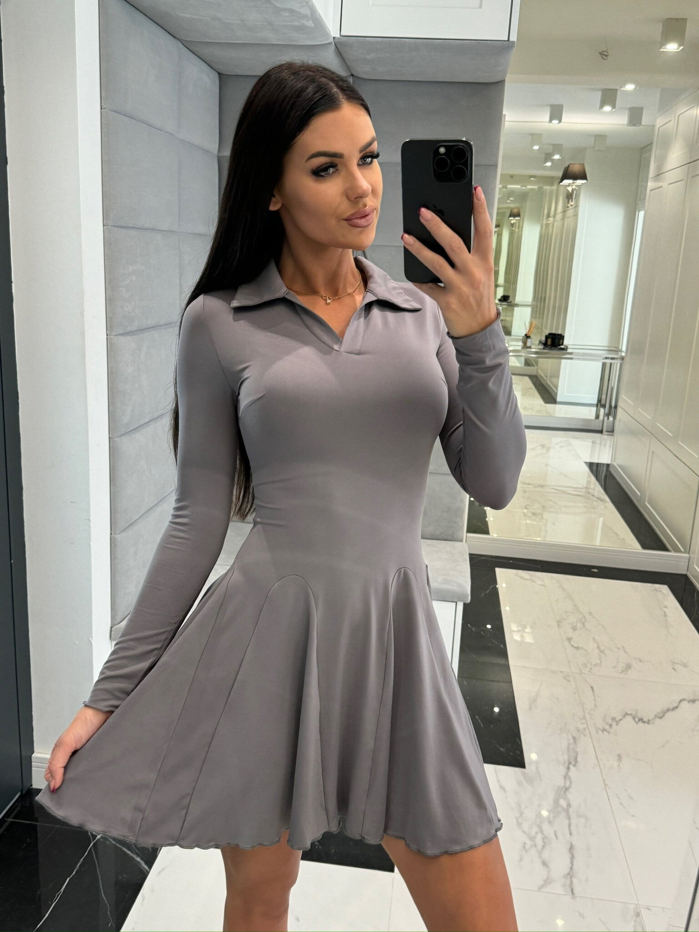 Solid Color Waist-Cinched Long-Sleeve Collared Dress