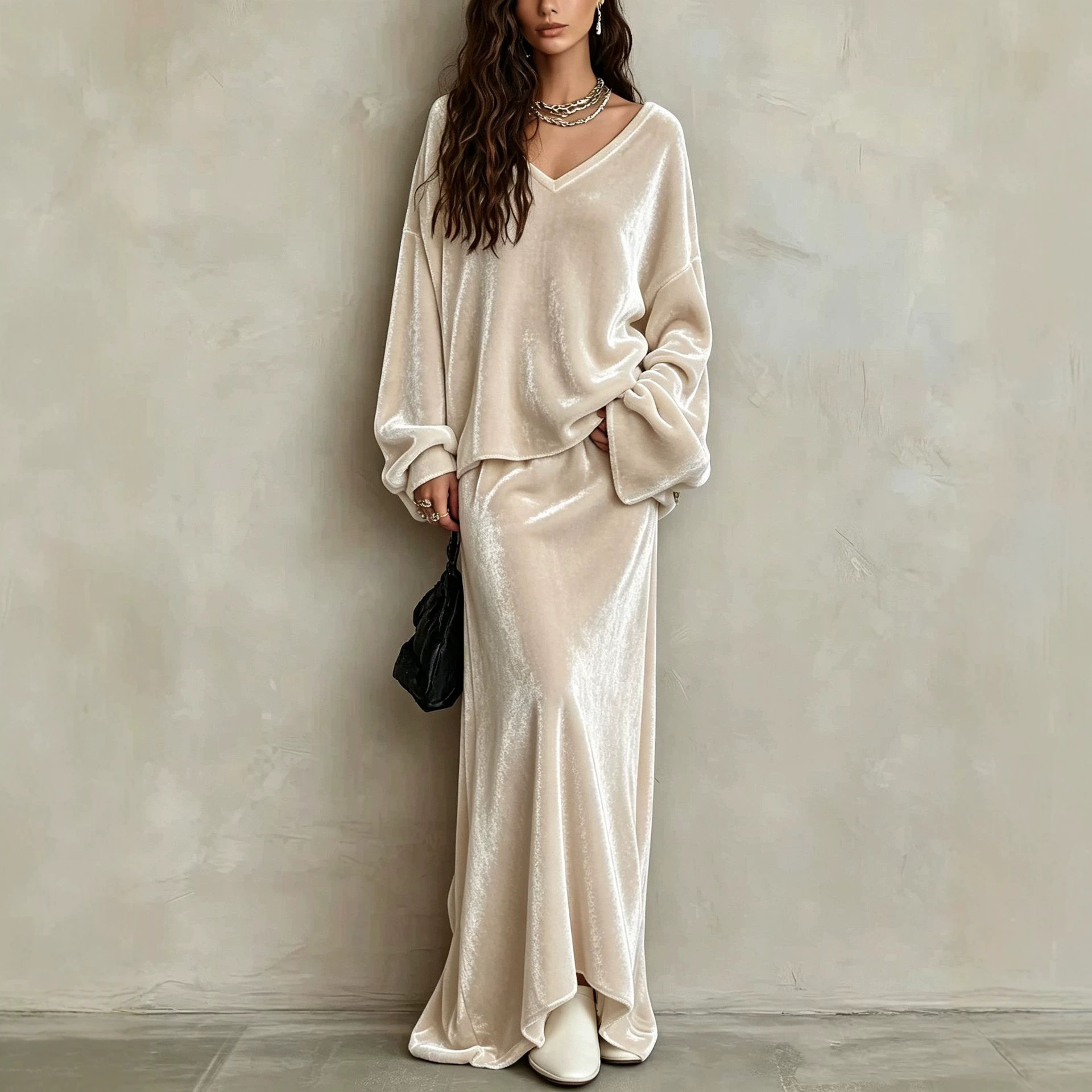 Solid Velvet V-Neck Long Sleeve Women's Skirt Set