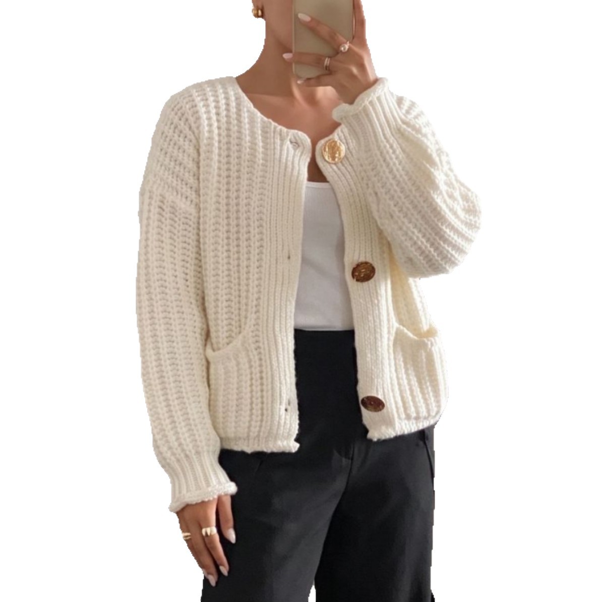 Women's Metal Button Round Neck Knit Cardigan Sweater Coat