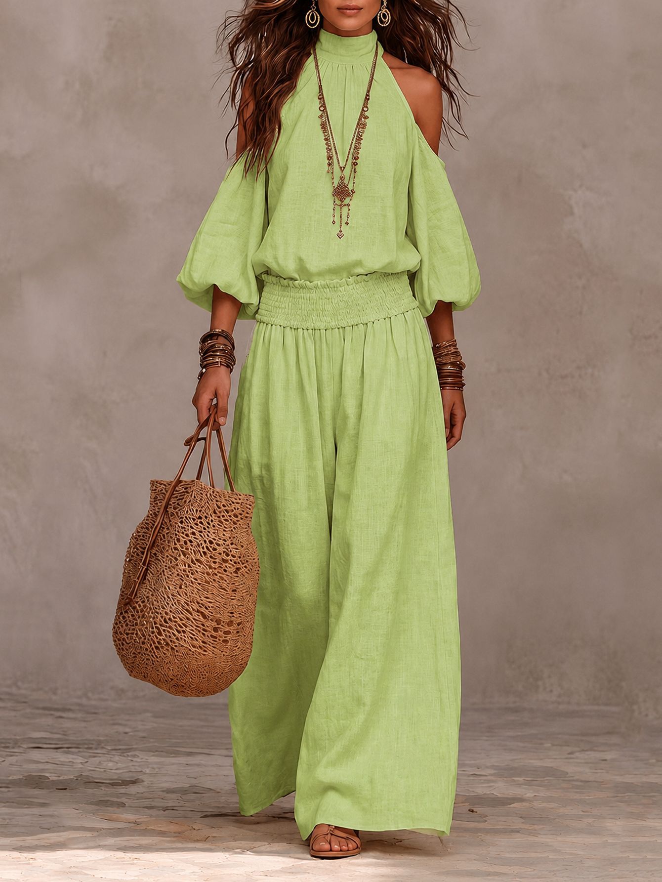 Women's Casual Crewneck Long Sleeve Cutout Top and Smocked Wide-Leg Pants Set
