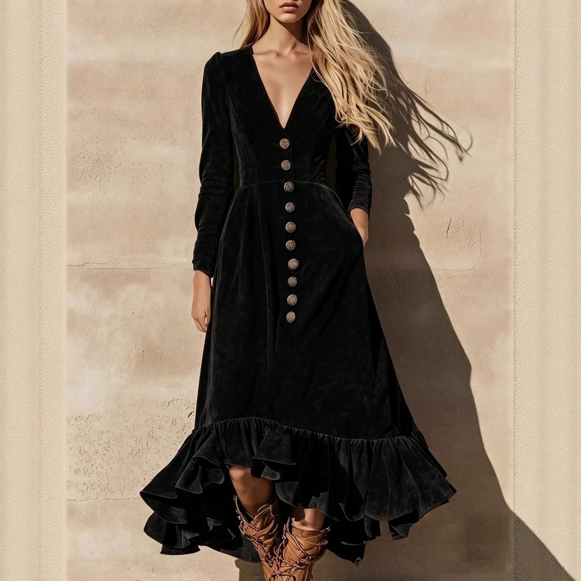 Western Vintage Velvet V-Neck Buttoned Waist Ruffle Maxi Dress