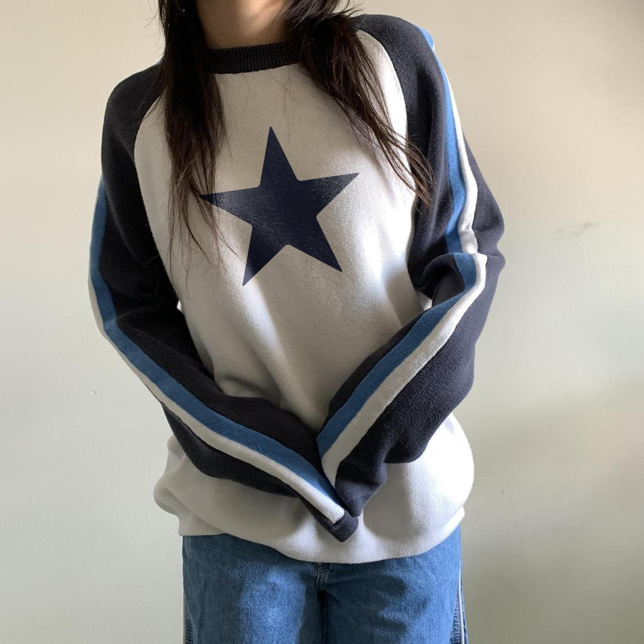 Women's Star Print Crewneck Long Sleeve Loose Knit Sweater