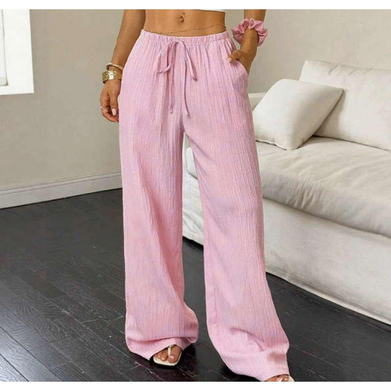 Women's Casual Textured Wide-Leg Pants with Tie Waist and Diagonal Pockets