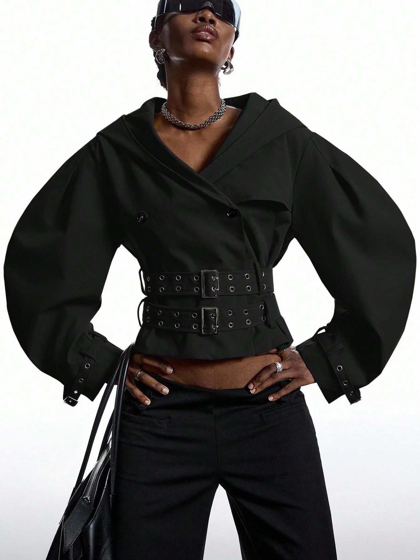 Women's Double-Breasted Cinched Waist Jacket with Large Lapel